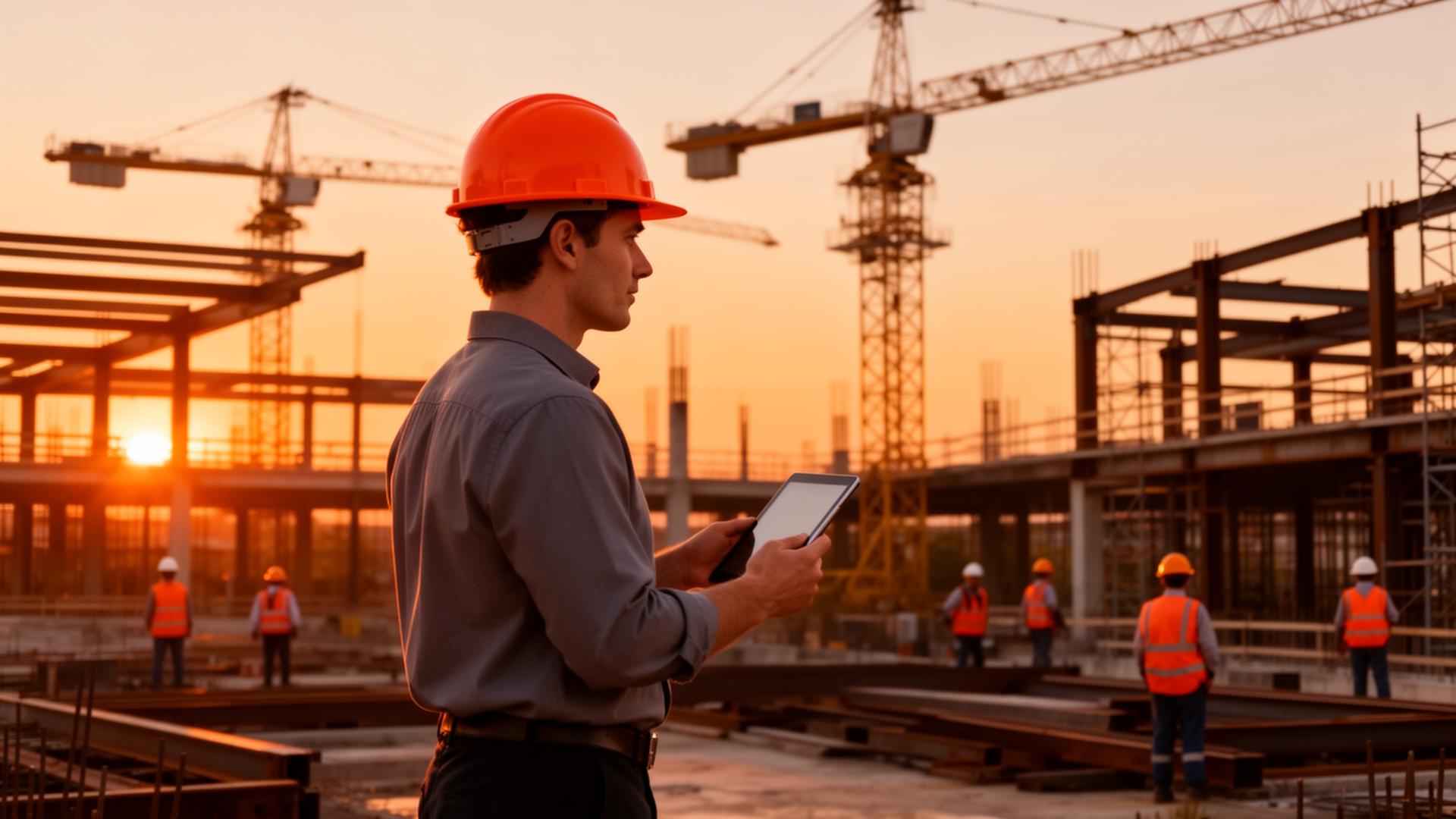 Site supervisor managing a construction site on a tablet
